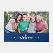 ようこそ文字と家族の写真、青 ドアマット (正面)