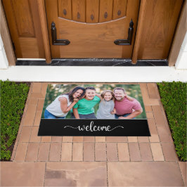 ようこそ文字と家族の写真、黒 ドアマット