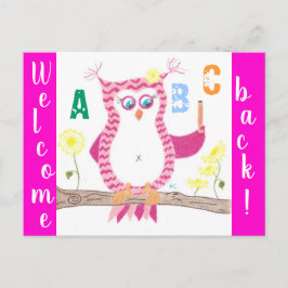 ようこそ新学期ピンクシェブロンフクロウ葉書 ポストカード
