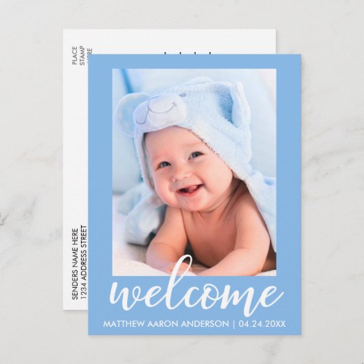 ようこそ新生児の発表ブルー 案内ポストカード (正面/裏面)
