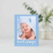 ようこそ新生児の発表ブルー 案内ポストカード (スタンド正面)