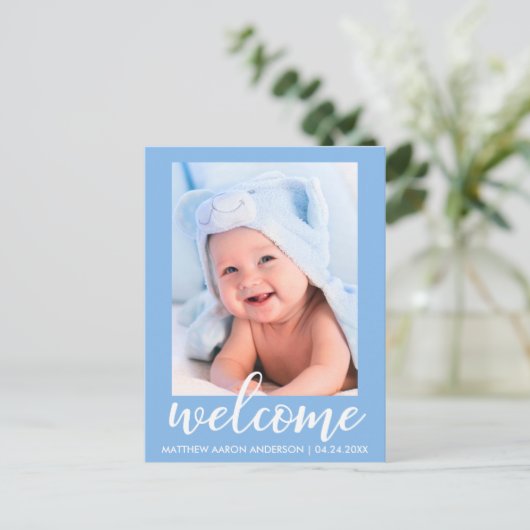 ようこそ新生児の発表ブルー 案内ポストカード (スタンド正面)