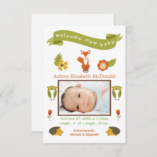 ようこそ新生児ウッドランド – 3x5お誕生日おめでとう 案内状 (正面/裏面)