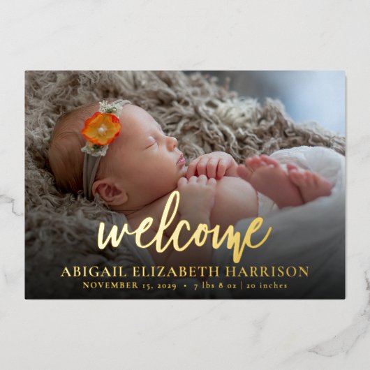 ようこそ新生児ゴールドフォイル誕生の発表カード 箔シーズンカード (正面)