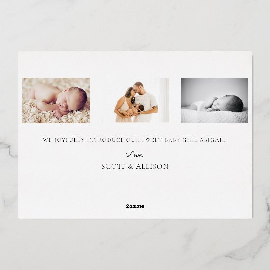 ようこそ新生児ゴールドフォイル誕生の発表カード 箔シーズンカード (裏面)