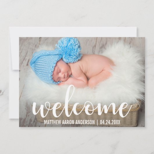 ようこそ新生児モダンホワイトスクリプトカード 案内状 (正面)