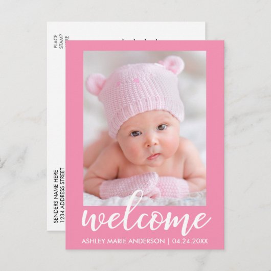 ようこそ新生児発表ピンク 案内ポストカード (正面/裏面)