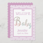 ようこそ新生児、名前と紫 案内状 (正面/裏面)