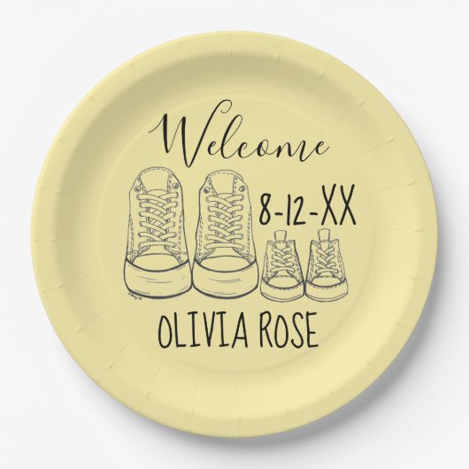 ようこそ新着ベビーシューズシャワーイエロー ペーパープレート (正面)