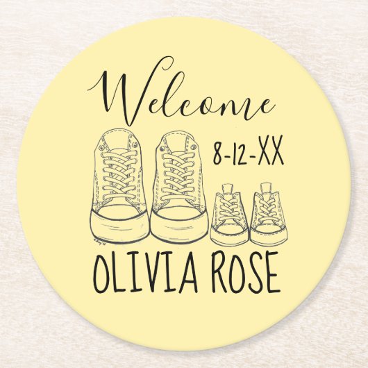 ようこそ新着ベビーシューズシャワーイエロー ラウンドペーパーコースター (正面)