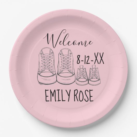 ようこそ新着ベビーシューズシャワーピンク女の子 ペーパープレート (正面)