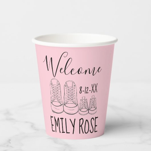 ようこそ新着ベビーシューズシャワーピンク女の子 紙コップ (正面)