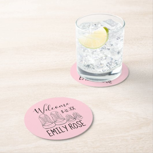 ようこそ新着ベビーシューズシャワーピンク ラウンドペーパーコースター (インサイチュ)