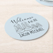 ようこそ新着ベビーシューズシャワーブルー ラウンドペーパーコースター (アングル)