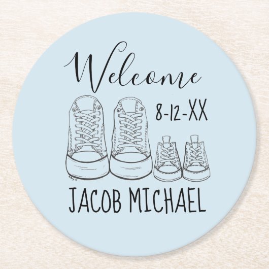 ようこそ新着ベビーシューズシャワーブルー ラウンドペーパーコースター (正面)