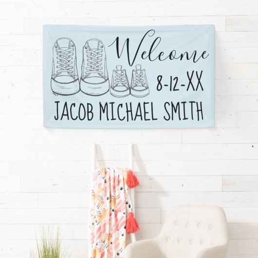 ようこそ新着ベビーシューズシャワーブルー 横断幕 (インサイチュ)