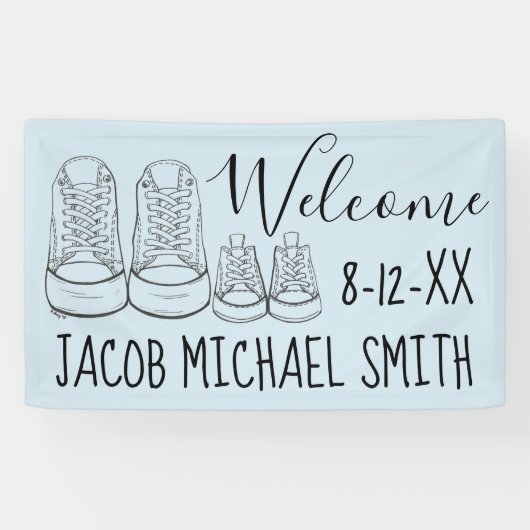 ようこそ新着ベビーシューズシャワーブルー 横断幕 (横)