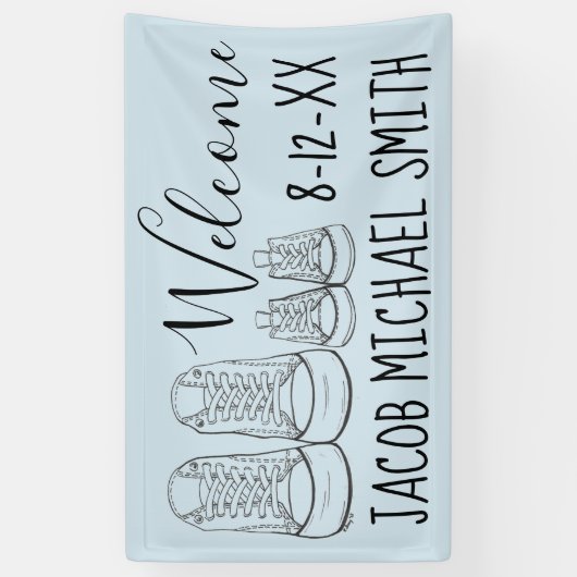 ようこそ新着ベビーシューズシャワーブルー 横断幕 (縦)