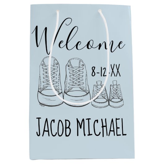 ようこそ新着ベビーシューズシャワーボーイブルー ミディアムペーパーバッグ (正面)