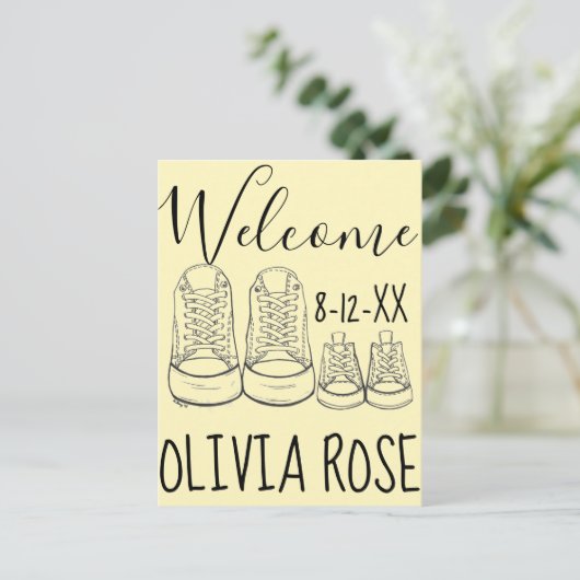 ようこそ新着ベビーシューズ誕生のお知らせ 案内ポストカード (スタンド正面)