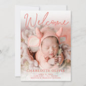ようこそ桃の写真の誕生のお知らせ 招待状 (正面)