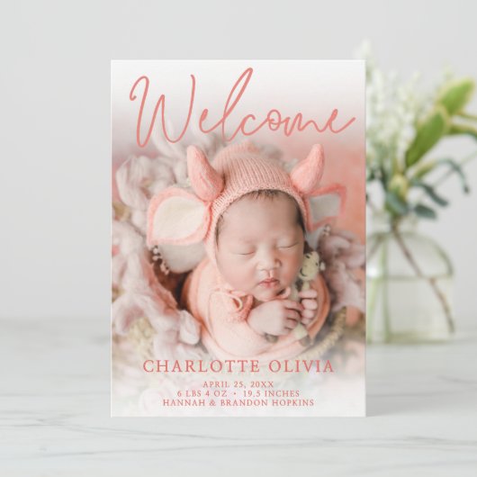 ようこそ桃の写真の誕生のお知らせ 招待状 (スタンド正面)