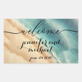 ようこそ海ビーチブルーウォーター色 長方形シール