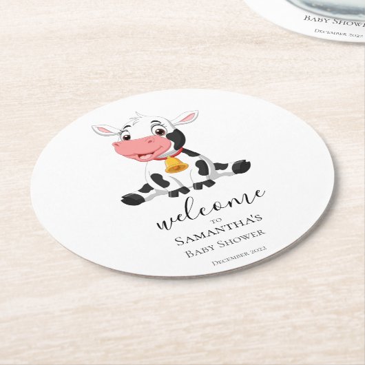 ようこそ漫画の牛ふくらはぎ赤ちゃんシャワー ラウンドペーパーコースター (アングル)