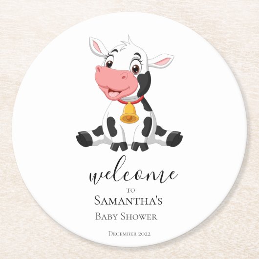 ようこそ漫画の牛ふくらはぎ赤ちゃんシャワー ラウンドペーパーコースター (正面)