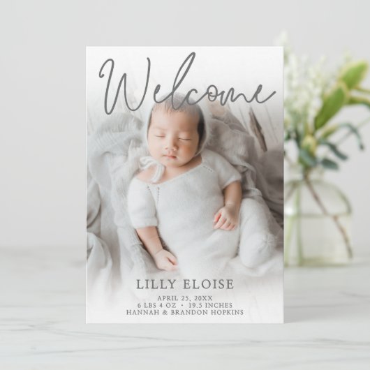 ようこそ灰色の写真の誕生のお知らせ 招待状 (スタンド正面)