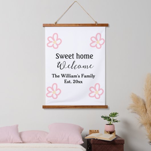 ようこそ甘い家を追加する家族の名前の年Est。文字 吊り下げ型タペストリー (寝室)