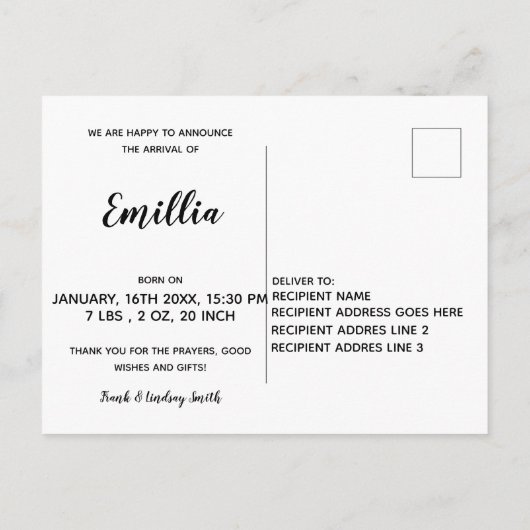 ようこそ生まれたばかりの写真ベビーガール到着テンプレート 案内ポストカード (裏面)