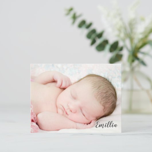 ようこそ生まれたばかりの写真ベビーガール到着テンプレート 案内ポストカード (スタンド正面)