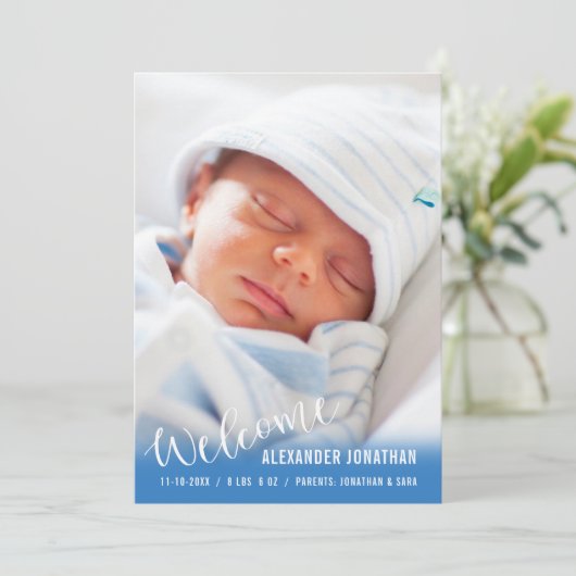 ようこそ男の赤ちゃんの縦型フォト発表 案内状 (スタンド正面)