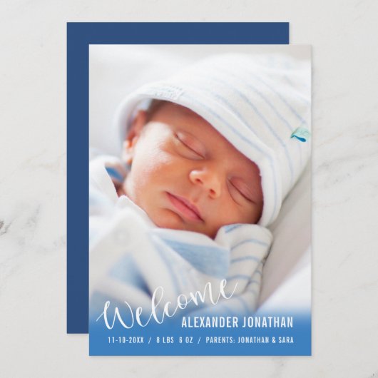 ようこそ男の赤ちゃんの縦型フォト発表 案内状 (正面/裏面)