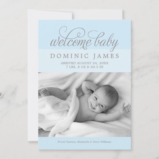 ようこそ男の赤ちゃんエレガントライトブルー誕生 案内状 (正面)