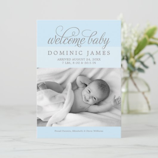 ようこそ男の赤ちゃんエレガントライトブルー誕生 案内状 (スタンド正面)