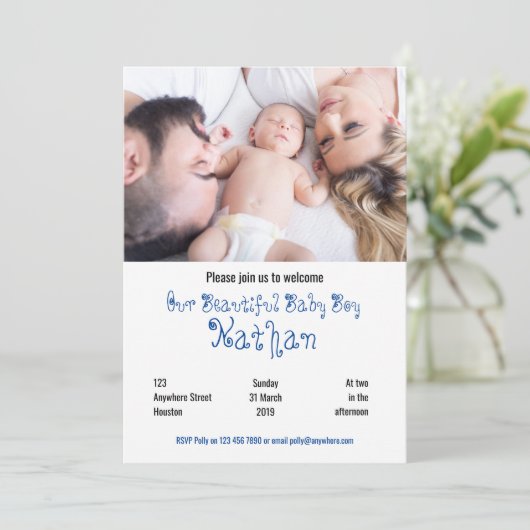 ようこそ男の赤ちゃんフォトパーティの招待状 招待状 (スタンド正面)