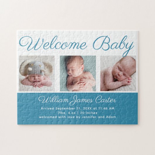 ようこそ男の赤ちゃんブルーかわいい生まれたばかりの写真ギフト ジグソーパズル (横)