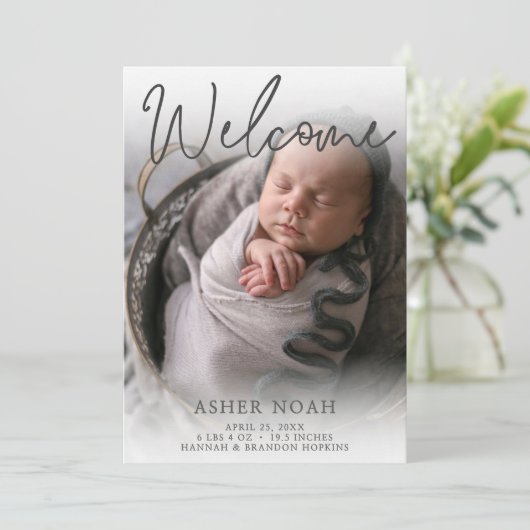 ようこそ男の赤ちゃん写真の誕生のお知らせ 招待状 (スタンド正面)