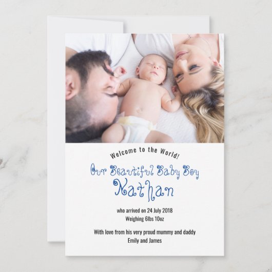 ようこそ男の赤ちゃん写真アナウンスメントカード 招待状 (正面)