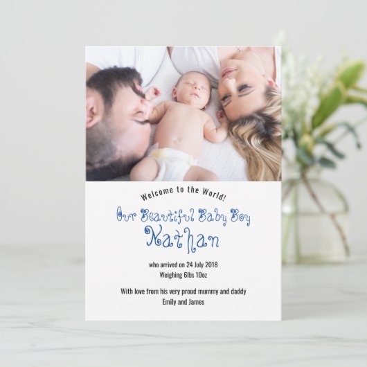 ようこそ男の赤ちゃん写真アナウンスメントカード 招待状 (スタンド正面)