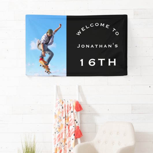 ようこそ男性16th誕生日パーティフォトブラック 横断幕 (インサイチュ)