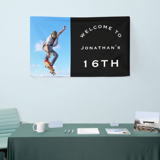 ようこそ男性16th誕生日パーティフォトブラック 横断幕 (トレードショー)