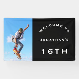 ようこそ男性16th誕生日パーティフォトブラック 横断幕