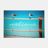 ようこそ白いカモメの鳥の青い海写真 ドアマット (正面)