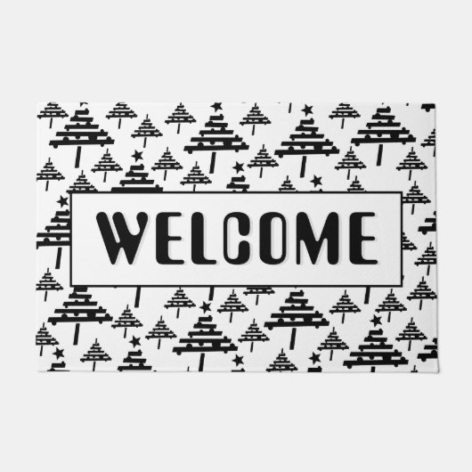 ようこそ白黒クリスマスツリーパターン ドアマット (正面)