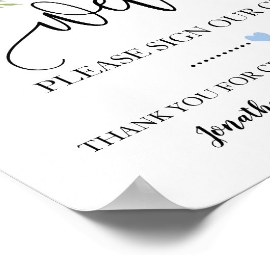 ようこそ私たちのゲストブック結婚の青いフローラに署名 ポスター (角)