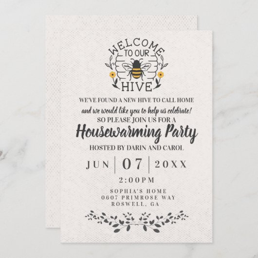ようこそ私たちのハイブハニービー春引っ越し祝いパーティー 招待状 (正面/裏面)