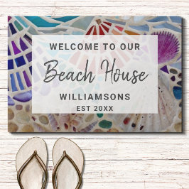 ようこそ私たちのビーチハウスシェルカスタムのフォーマット ドアマット